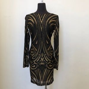 Boat Neck Long Sleeve Beaded Cocktail Dress
